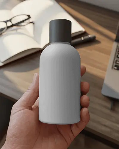 Hand Holding Small Plastic Bottle Mockup For Cosmetic Or Lotion Packaging Presentation