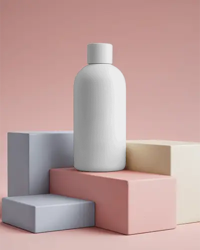 Sleek Elegant Skincare Bottle Mockup With Abstract Geometric Podium Display