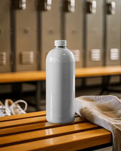Sports Water Bottle Mockup On Gym Bench With Towel For Refreshing Hydration Promotion