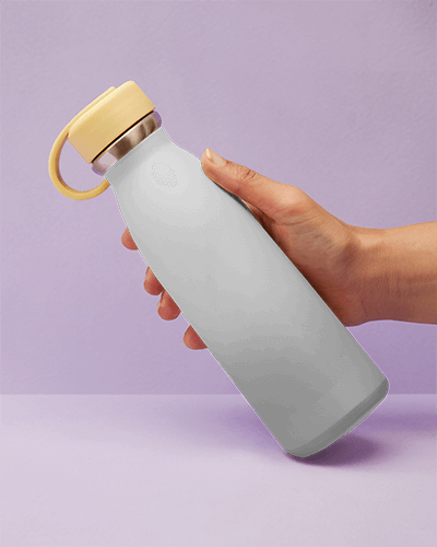 Handheld Water Bottle Mockup With Cream Cap Against Soft Purple Background Modern And Minimalist Design 042