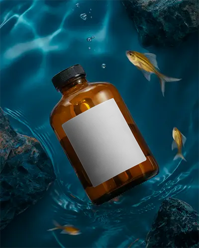 Realistic Amber Bottle Mockup With Black Label Floating Underwater Amidst Natural Rocks And Fish