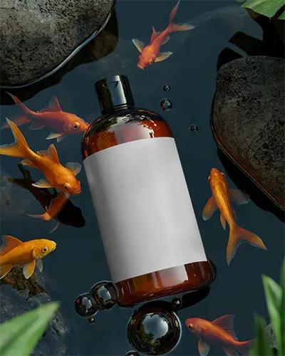 Amber Bottle Mockup Floating In Water With Goldfish Surrounding Stylish Packaging Design