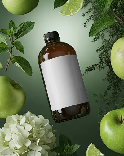 Realistic Floating Bottle Mockup Surrounded By Apple Leaves Lime And Flower