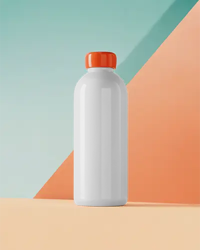 Modern Water Bottle Mockup With Orange Cap On Pastel Geometric Background