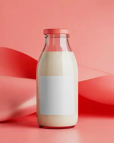 Minimalist Milk Bottle Mockup With Red Cap On Soft Pink Background