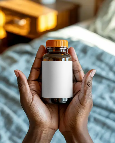 Supplement Bottle Mockup Held In Hands With Warm Morning Sunlight