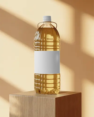 Cooking Oil Bottle Mockup On Wooden Pedestal With Soft Shadow Lighting