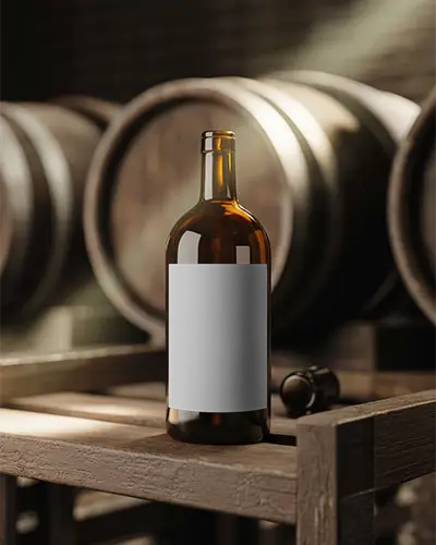 Whiskey Bottle Mockup In Rustic Barrel Room With Vintage Wooden Surface