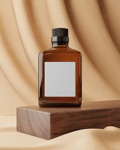Amber Bottle Mockup On Wooden Block With Draped Beige Fabric Backdrop