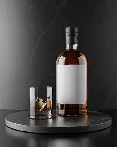 Premium Whiskey Bottle Mockup With Glass And Ice On Dark Marble Surface