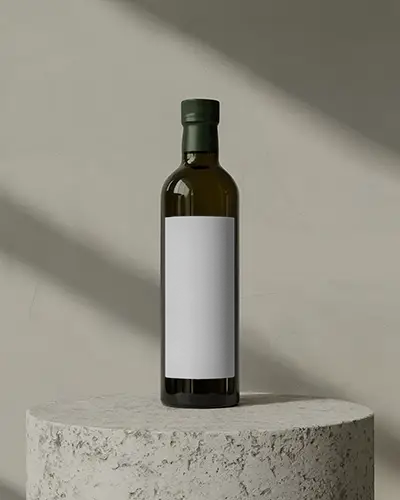 Olive Oil Bottle Mockup On Stone Pedestal With Warm Shadow Lighting