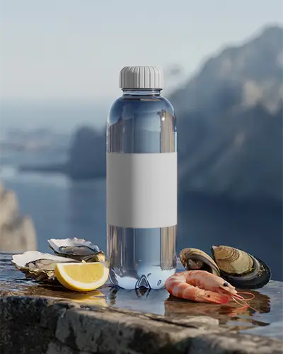Water Bottle Mockup With Seafood And Lemon By Coastal Backdrop