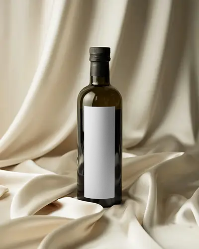 Elegant Olive Oil Bottle Mockup On Cream Fabric With Soft Natural Light