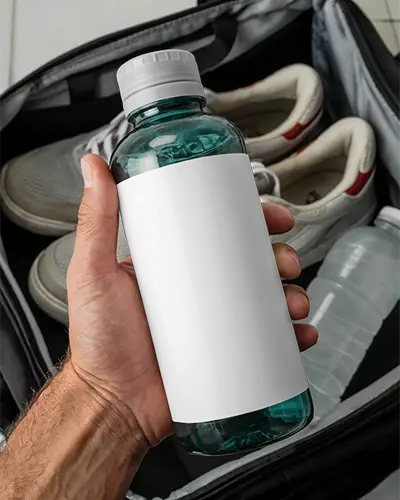 Water Bottle Mockup Held In Hand Above Open Gym Bag With Sneakers