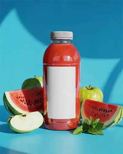 Refreshing Watermelon Juice Bottle Mockup With Fresh Fruit Slices And Mint Leaves Setup