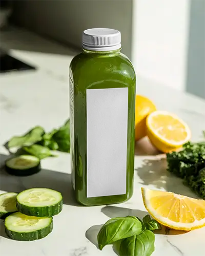 Fresh Green Juice Bottle Mockup With Natural Ingredients And Blank Label Design Template