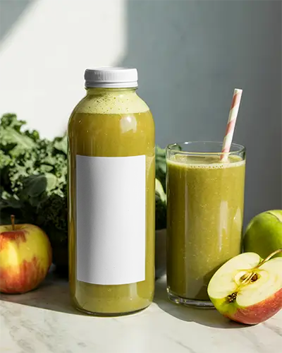 Fresh Green Smoothie Bottle Mockup With Clear Label And Organic Apple Nature Background