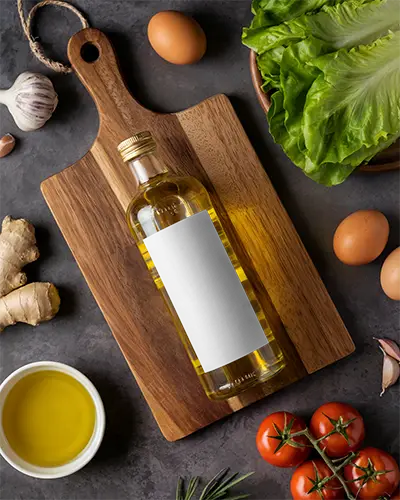 Glass Bottle Mockup With Blank Label On Wooden Cutting Board For Olive Oil Packaging