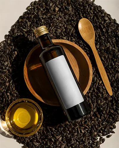 Realistic Oil Bottle Mockup With Wooden Bowl Spoon And Sunflower Seeds Display