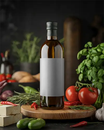 Premium Glass Bottle Mockup For Olive Oil Or Vinegar Packaging On Wooden Surface