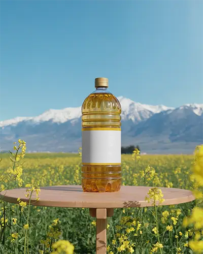 Realistic Plastic Oil Bottle Mockup On Wooden Table With Beautiful Mountain And Flower Field View