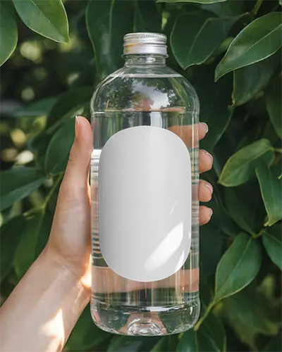 Clear Plastic Bottle Mockup With Metallic Cap And Blank Label Held By Hand