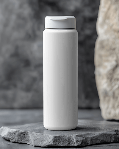 Surf Inspired Water Bottle Mockup With Retro Sunset Gradient And Bold Black Text On Textured Background