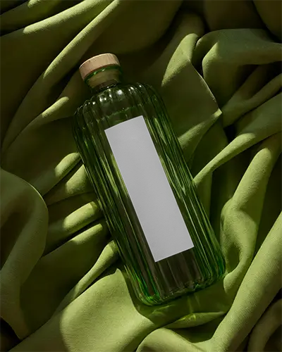 Premium Clear Ridged Bottle Mockup With Natural Wood Cap On Textured Fabric Background