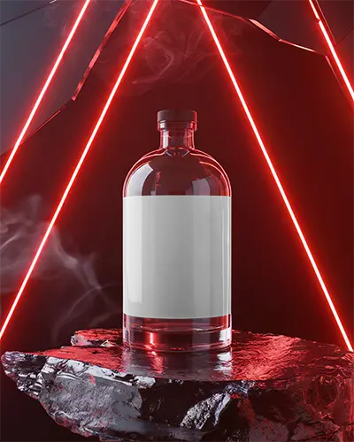 Premium Clear Glass Bottle Mockup With Minimalist Label On Rocky Surface And Neon Light
