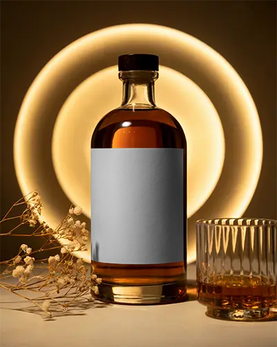 Realistic Alcohol Bottle Mockup On Neutral Background With Soft Glowing Light Effects