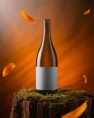 Elegant Bottle Mockup On Natural Wooden Surface With Floating Petal Background