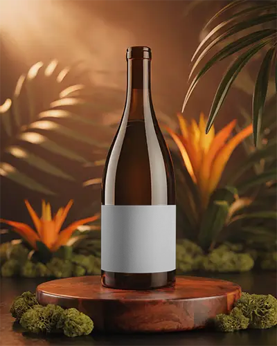 Realistic Glass Wine Bottle Mockup For Branding And Packaging Showcase On Wood Base
