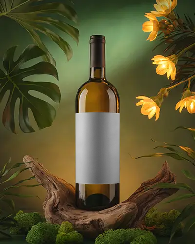 Elegant Wine Bottle Mockup With Blank Label On Natural Wooden Stand And Floral Background