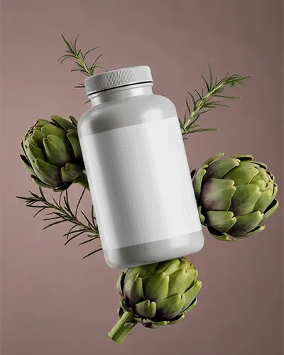 Organic Supplement Bottle Mockup With Natural Herbs And Artichoke Extract Design