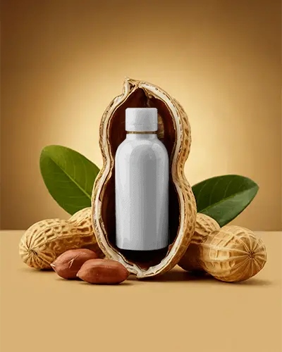 Natural Peanut Oil Bottle Mockup With Leaves And Shell For Organic Product Promotion