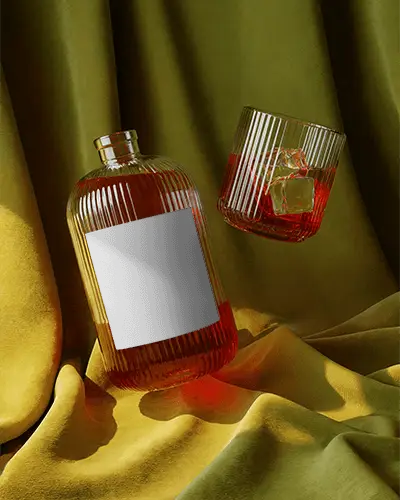 Luxury Ribbed Bottle Mockup With Clear Glass And Blank Label On Draped Fabric Background