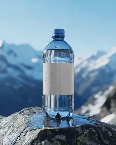 Realistic Plastic Bottle Mockup Droplets Natural Scenery Pure Drinking Water Brand Presentation
