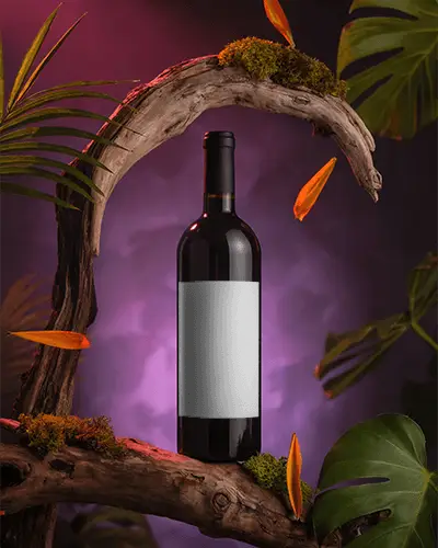 Elegant Wine Bottle Mockup Floating Naturally Among Wooden Branches With Tropical Leaves