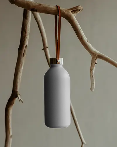 Reusable Water Bottle Mockup With Leather Strap Hanging On Natural Wood Branch Display