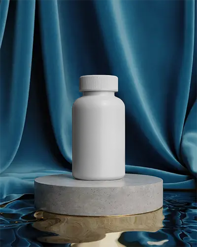 Premium Pill Bottle Mockup Standing On Round Concrete Pedestal With Reflective Surface Backdrop