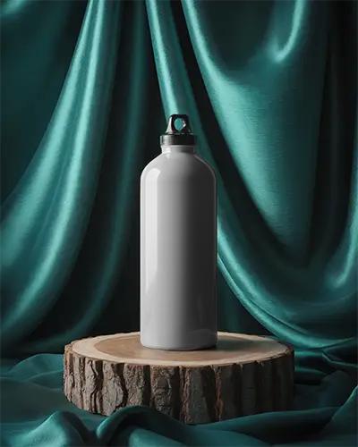 Sleek Minimalist Metal Water Bottle Mockup On Natural Wood Platform With Luxury Fabric Backdrop