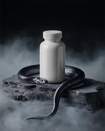 Blank Supplement Bottle Mockup With Snakeskin Texture Snake Coiled Around On Rocky Base