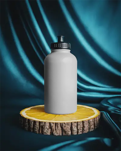 Sport Water Bottle Mockup With Nature Inspired Wood Slice And Smooth Fabric Background