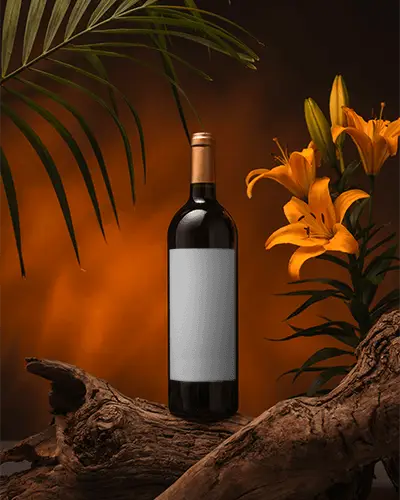 Elegant Wine Bottle Mockup With Natural Wood Floral Elements For Luxury Branding