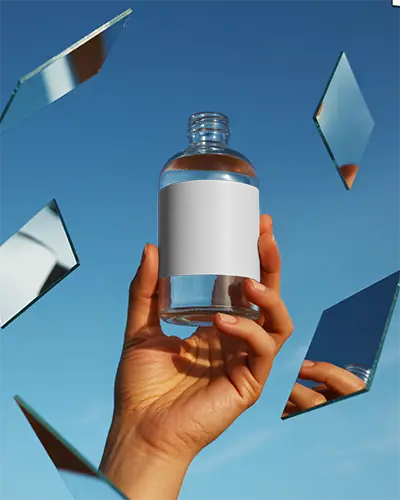 Hand Holding Clear Empty Glass Bottle With Black Label Against Blue Sky Background