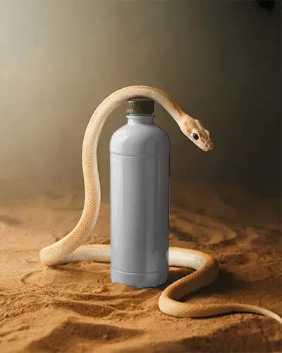 Sleek Modern Bottle Mockup On Natural Sand Texture With Coiled Serpent Design Style