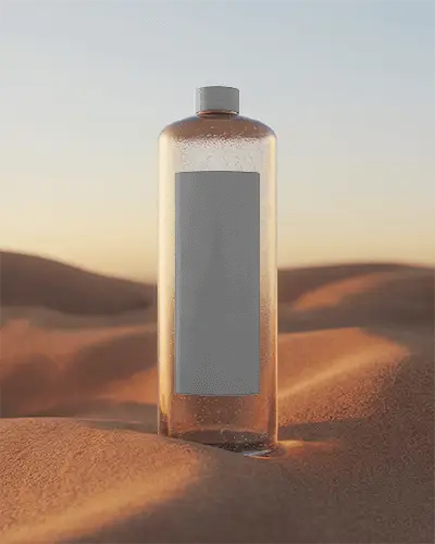 Transparent Plastic Bottle Mockup With Matte Black Cap In Desert Environment Background