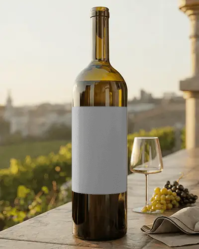 Elegant Wine Bottle Mockup With Glass And Grape Vineyard Background For Label Design