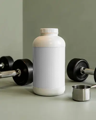 Fitness Supplement Bottle Mockup With Weightlifting Equipment And Measuring Scoop