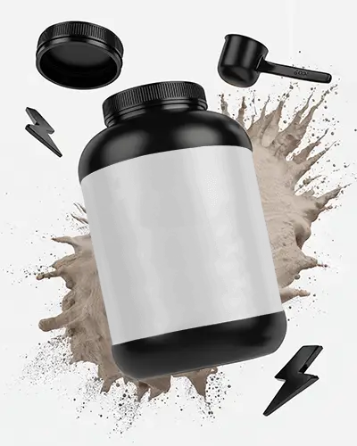 Large Protein Powder Bottle Mockup With Scoop And Energetic Themed Decorative Elements Creative